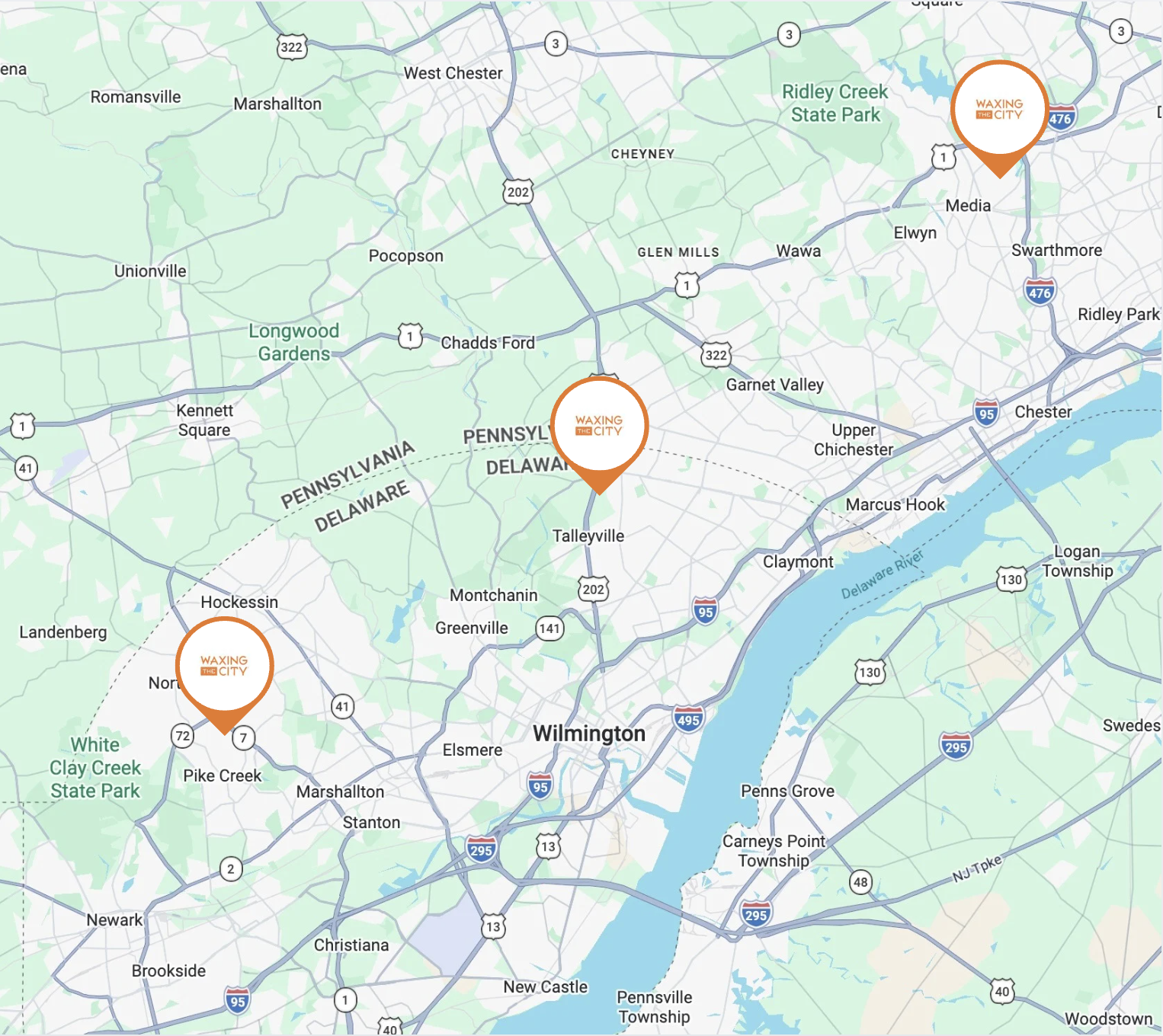 Waxing The City locations map — Pike Creek, Media PA & Concord Pike